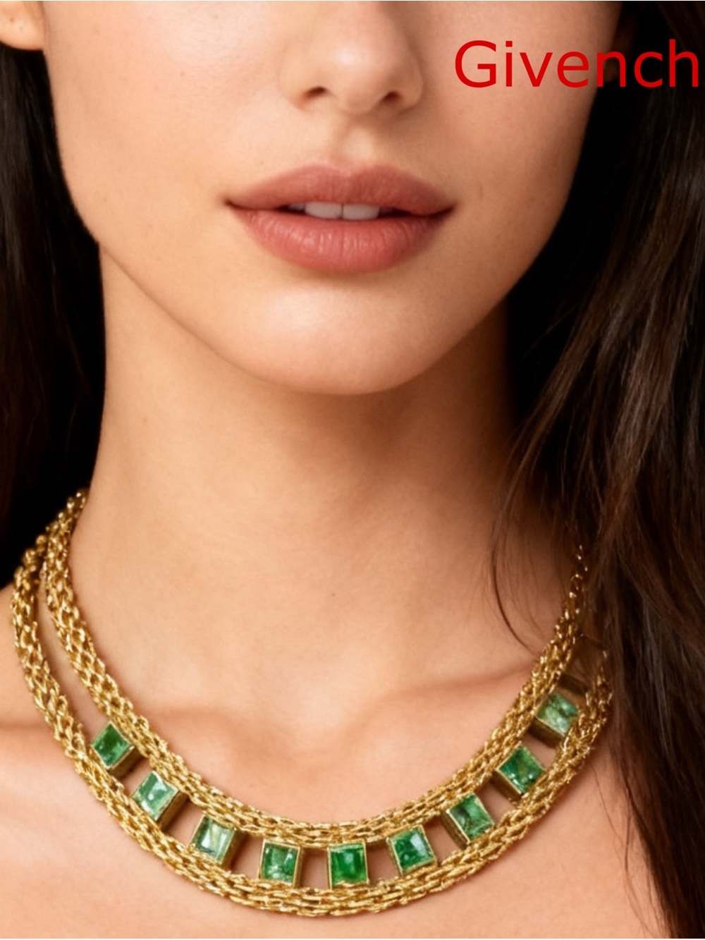 AUTHENTIC GIVENCHY Elegant Green Stone Gold Plated Choker
